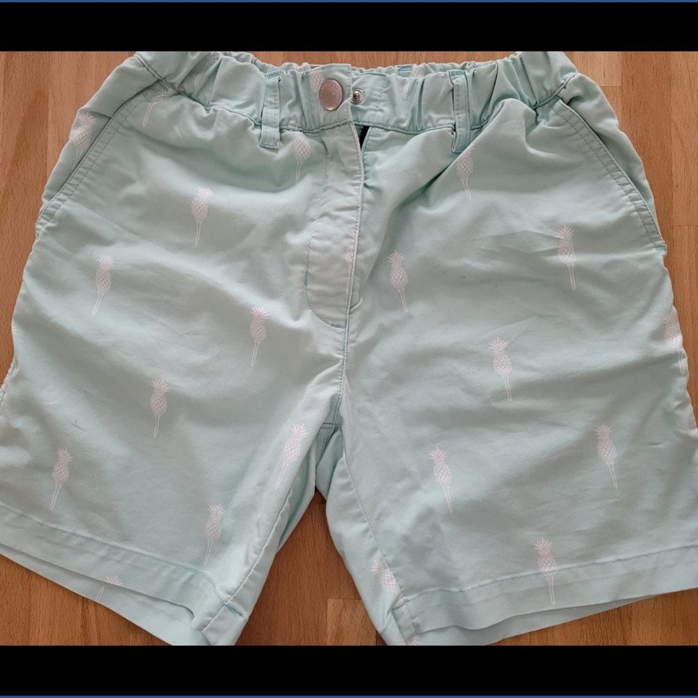 Pale green in color with white pineapple and golf tee print.